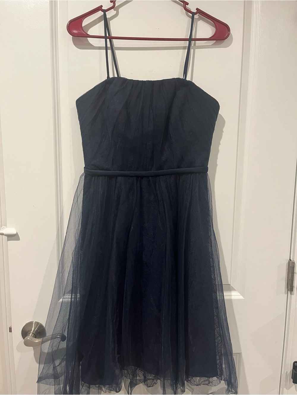 White by Vera Wang Navy Tulle over Lace Spaghetti Strap Dress